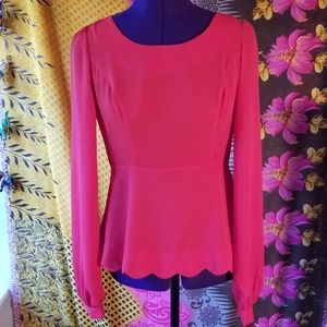 Red Peplum Shirt with Scallops and Button Up Back
